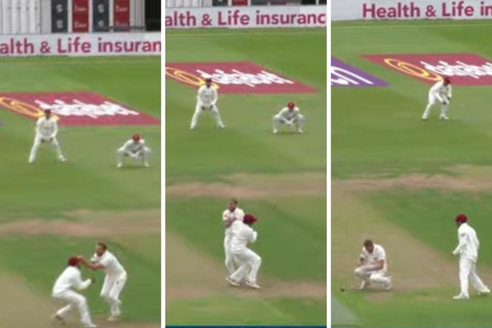 Luke Procter collides with a team-mate and drops the ball - but the catch stood <i>(Image: Northamptonshire CCC/YouTube)</i>