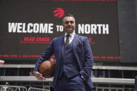 Toronto Raptors NBA basketball team new head coach Darko Rajakovic attends a media availability in Toronto on Tuesday, June 13, 2023. (Chris Young/The Canadian Press via AP)