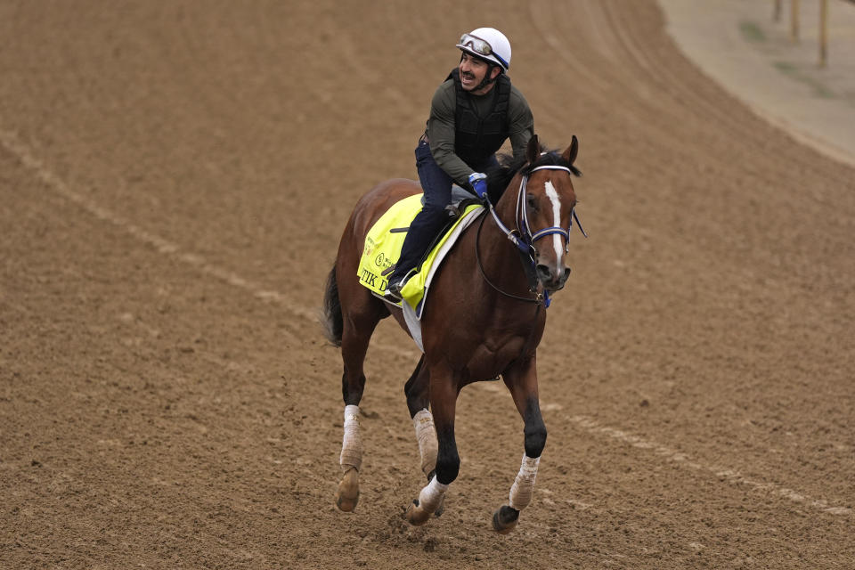 Kentucky Derby hopeful Mystik Dan works out at Churchill Downs Tuesday, April 30, 2024, in Louisville, Ky. The 150th running of the Kentucky Derby is scheduled for Saturday, May 4. (AP Photo/Charlie Riedel)