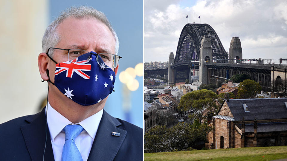 ScoMo wearing a mask and the Sydney skyline.