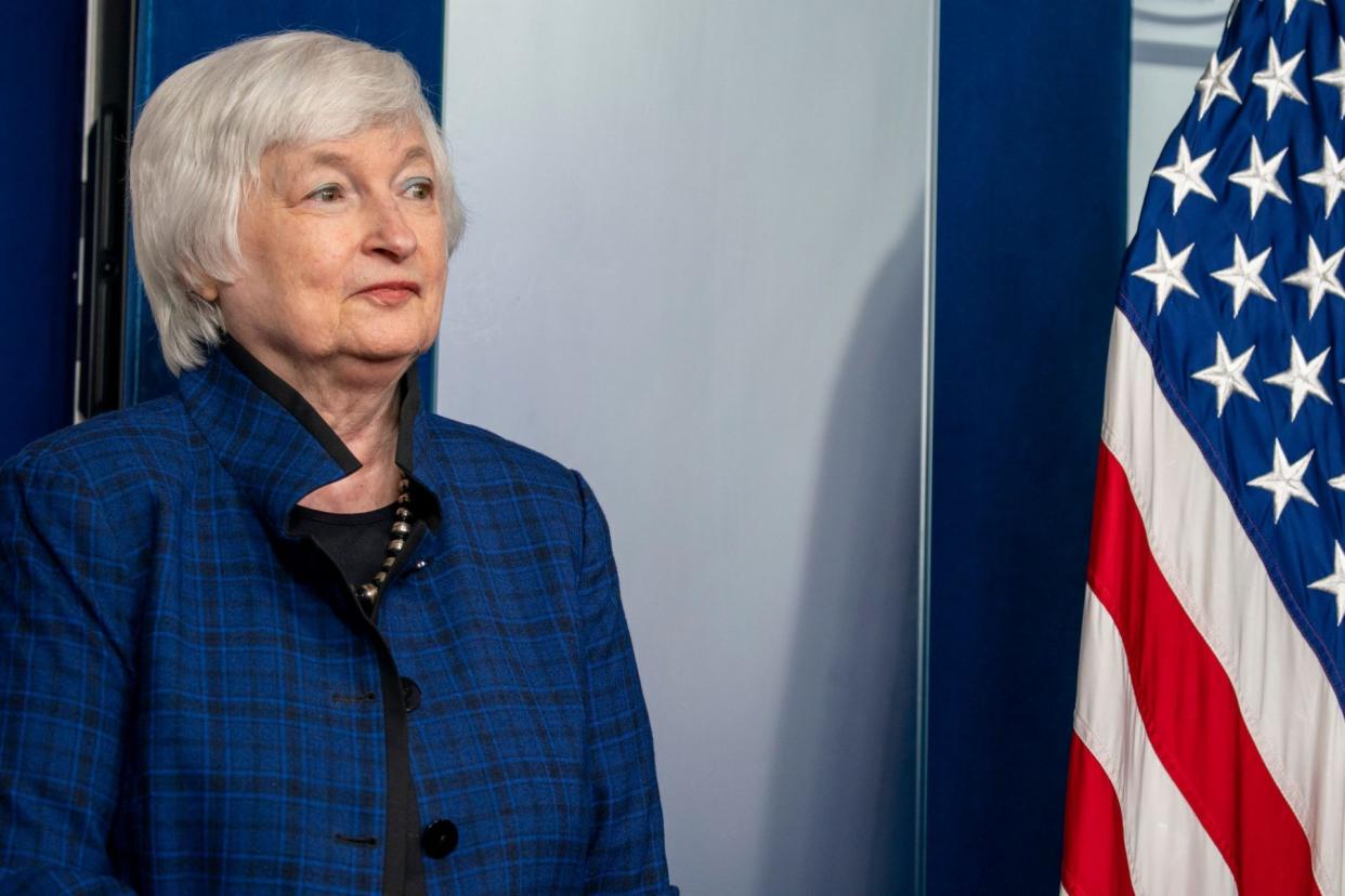 Mandatory Credit: Photo by Shutterstock (11893541e)United States Secretary of the Treasury Janet Yellen listens to Press Secretary Jen Psaki speak to reporters at White House in Washington, DC.