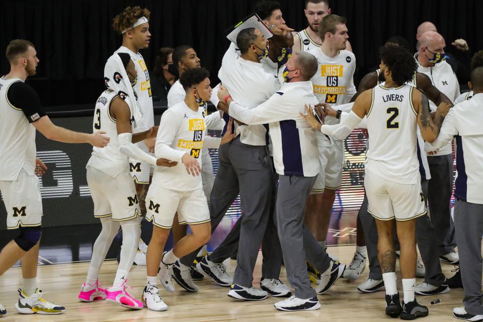 Michigan coach Juwan Howard reacts after a call and was ejected from the game against Maryland in the Big Ten tournament quarterfinals Friday, March 12, 2021 at Lucas Oil Stadium in Indianapolis.