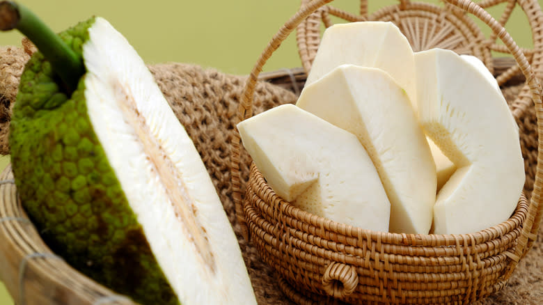 Sliced breadfruit in a basket