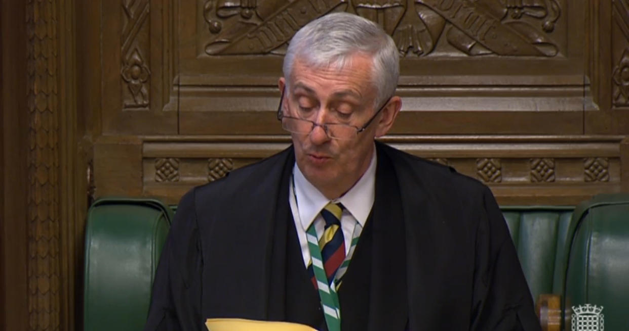 Speaker Sir Lindsay Hoyle speaks in the House of Commons, London, as MPs gathered for the first time since March 25, following the Easter recess and due to the coronavirus outbreak.