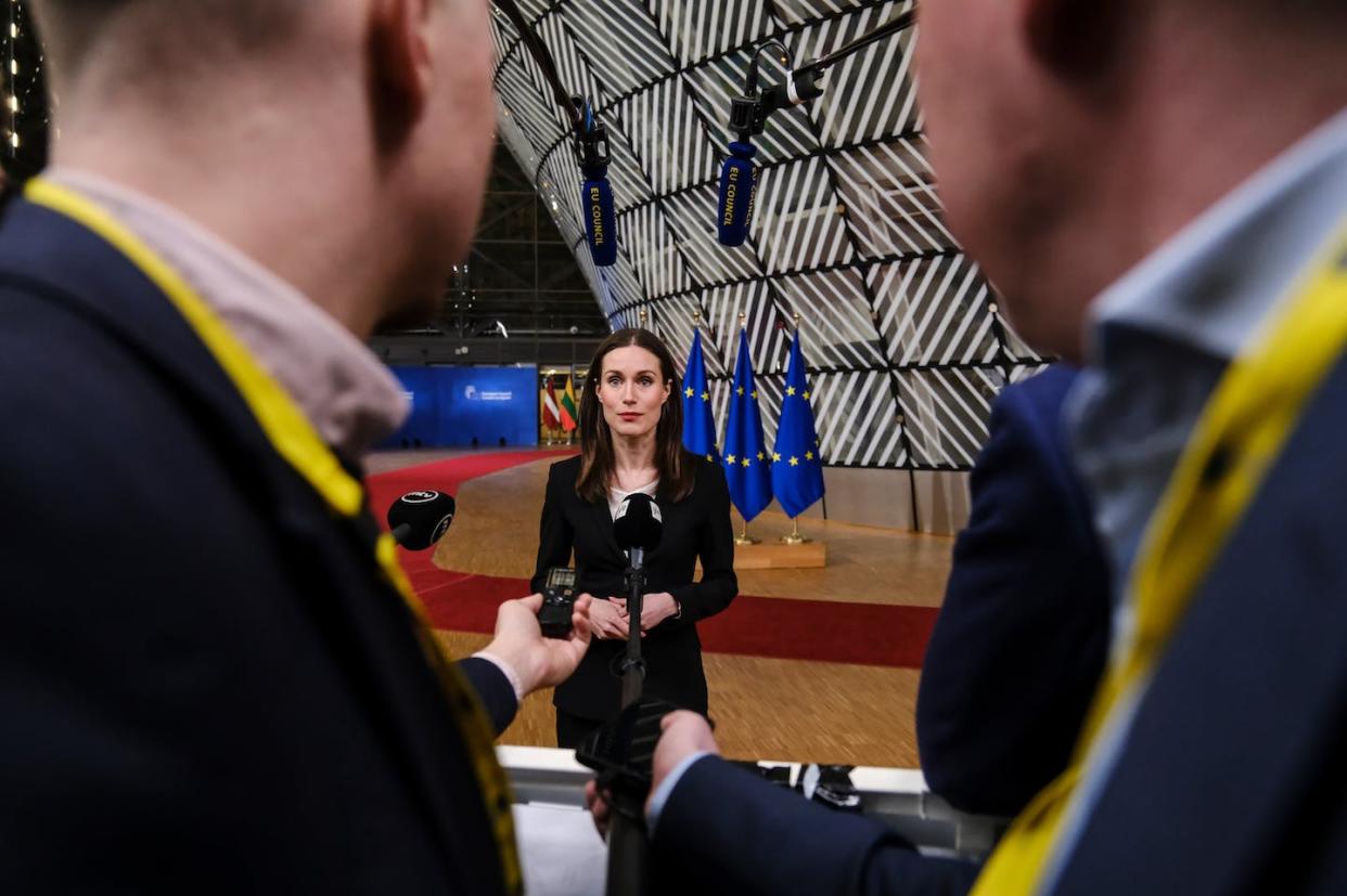 Finnish former Prime Minister Sanna Marin gives a press conference in Brussels, Belgium 10 February 2023. <a href="https://www.shutterstock.com/es/image-photo/finnish-prime-minister-sanna-marin-gives-2270724641" rel="nofollow noopener" target="_blank" data-ylk="slk:Alexandros Michailidis/Shutterstock;elm:context_link;itc:0;sec:content-canvas" class="link ">Alexandros Michailidis/Shutterstock</a>