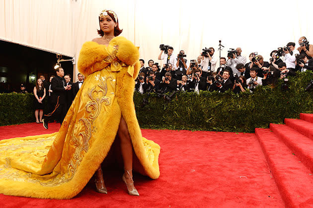 Rihanna yellow MET Ball cape dress 2015