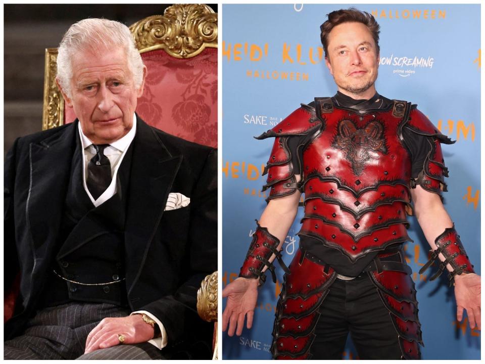 King Charles III sat on a golden chair, and Elon Musk shrugging while in Halloween costume.
