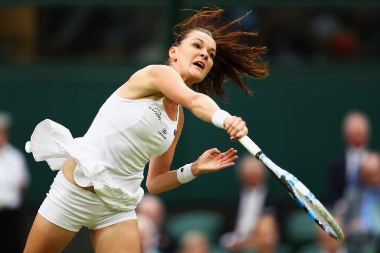 <p>Agnieszka Radawanska of Poland serves during the Ladies Singles second round match against Kateryna Kozlova of Ukraine on day three of the Wimbledon Lawn Tennis Championships at the All England Lawn Tennis and Croquet Club on June 29, 2016 in London, England. (Photo by Julian Finney/Getty Images)<br>Restrictions</p>
