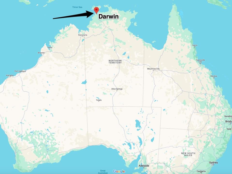 A map of Australia with an arrow pointing to Darwin at the northern tip.