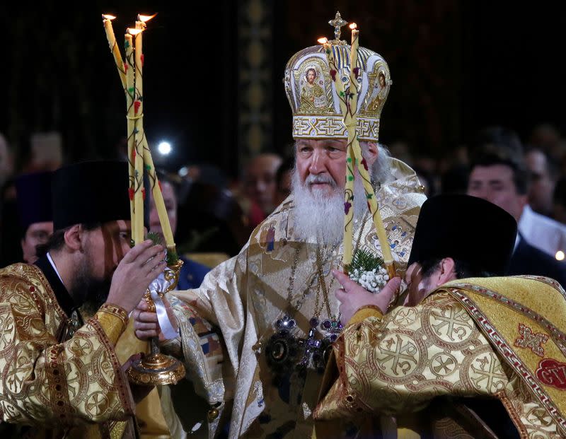 FILE PHOTO: Patriarch Kirill, the head of the Russian Orthodox Church, conducts a service on Orthodox Christmas at the Christ the Saviour Cathedral in Moscow