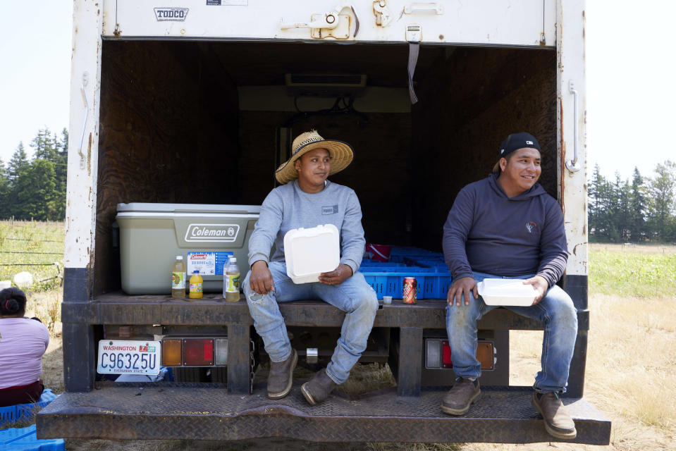 Camilo Martin, left and Jesus Pablo sit in the shade of a truck to eat lunch at the Coopertiva Tierra y Libertad farm Friday, July 7, 2023, in Everson, Wash. Farms and workers must adapt to changing climate conditions. As Earth this week set and then repeatedly broke unofficial records for average global heat, it served as a reminder of a danger that climate change is making steadily worse for farmworkers and others who labor outside.(AP Photo/John Froschauer)