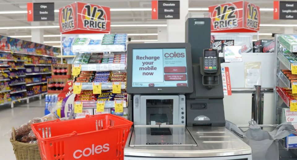 A Coles self-serve checkout amid claims there's new bagging protocols in place. 