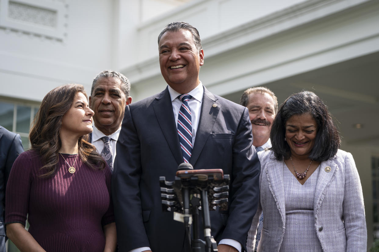 Sen. Alex Padilla (D-Calif.), center, speaks to reporters with other members of Congress after President Joe Biden hosted a 12-year-anniversary event for Deferred Action for Childhood Arrivals at the White House on Tuesday, June 18, 2024. (Haiyun Jiang/The New York Times)