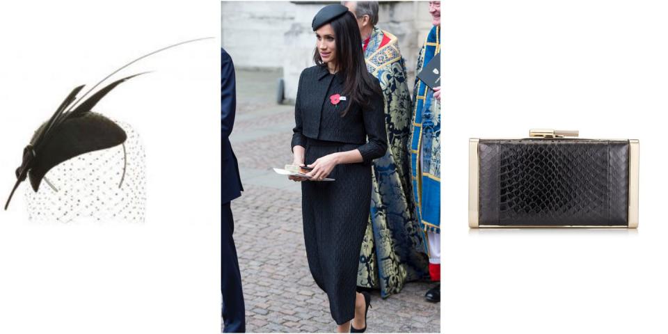 <p>Markle looked timeless in a bespoke <a rel="nofollow noopener" href="https://www.matchesfashion.com/womens/designers/emilia-wickstead" target="_blank" data-ylk="slk:Emilia Wickstead;elm:context_link;itc:0;sec:content-canvas" class="link ">Emilia Wickstead</a> black, jacquard midi skirt and cropped matching jacket at Westminster Abbey. She wore a black, Philip Treacy hat (similar <a rel="nofollow noopener" href="https://en-gb.lovehats.com/p/philip-treacy-london-veiled-calotte" target="_blank" data-ylk="slk:here;elm:context_link;itc:0;sec:content-canvas" class="link ">here</a>) with <a rel="nofollow noopener" href="http://www.jimmychoo.com/en/women/bags/j-box/black-elaphe-clutch-bag-JBOXELA010003.html?utm_term=QFGLnEolOWg&cm_mmc=LinkShareUS-_-Affiliate-_-QFGLnEolOWg-_-15&utm_campaign=USNetwork&utm_medium=LinkShare&utm_source=Affiliate&utm_content=15" target="_blank" data-ylk="slk:this;elm:context_link;itc:0;sec:content-canvas" class="link ">this</a> Jimmy Choo box bag, alongside some black, suede pump (similar <a rel="nofollow noopener" href="https://www.net-a-porter.com/gb/en/product/810119/Jimmy_Choo/romy-100-suede-pumps" target="_blank" data-ylk="slk:here;elm:context_link;itc:0;sec:content-canvas" class="link ">here</a>).</p>