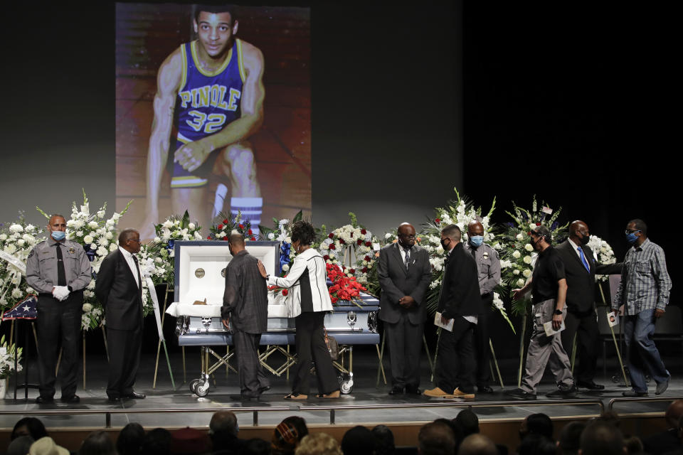 Mourners view the body of Federal Protective Services Officer Dave Patrick Underwood after a memorial service on Friday, June 19, 2020, in Pinole, Calif. (Ben Margot/AP Photo)