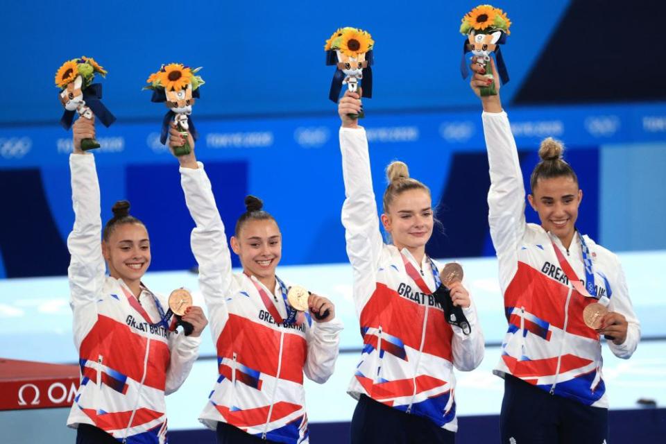Great Britain’s team gymnastics bronze medallists Jennifer Gadirova, Jessica Gadirova, Alice Kinsella and Amelie Morgan.