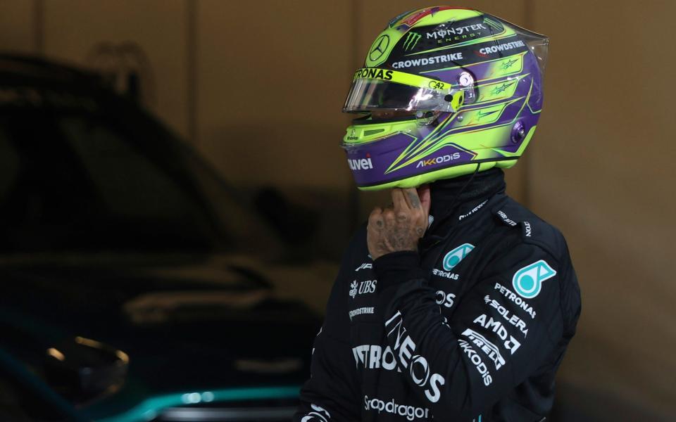 Mercedes driver Lewis Hamilton of Britain reacts after qualifying session ahead of the Abu Dhabi Formula One Grand Prix at the Yas Marina Circuit, Abu Dhabi, UAE, Saturday, Nov. 25, 2023