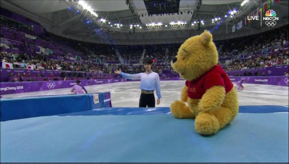 Fans threw hundreds of Pooh Bear dolls onto the ice after Yuzuru Hanyu’s monster performance in men’s figure skating