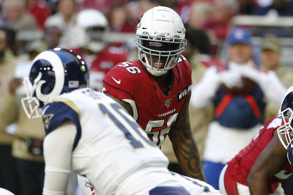 FILE - In this Dec. 1, 2019, file photo, Arizona Cardinals outside linebacker Terrell Suggs (56) lines up against the Los Angeles Rams during the first half of an NFL football game in Glendale, Ariz. The Cardinals have released the veteran linebacker on Friday, Dec. 13, 2019, with three games remaining in a disappointing season for both the player and the team.(AP Photo/Rick Scuteri)