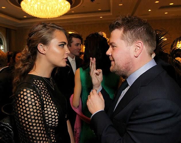 Cara Delevingne and James Corden. Source: Getty