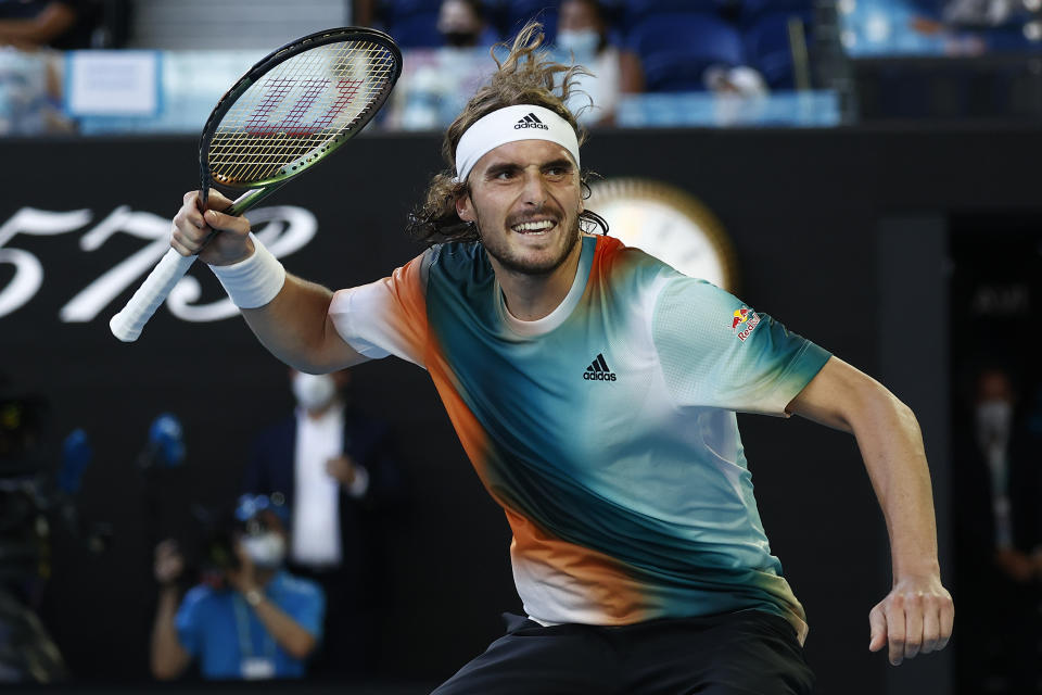 Stefanos Tsitsipas (pictured) celebrates victory in his third round singles match against Benoit Paire of France during day six of the 2022 Australian Open at Melbourne Park on January 22, 2022 in Melbourne, Australia.
