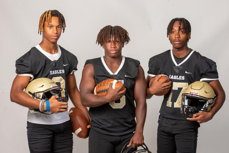 Fall Football Preview - George Jenkins High School - Isaiah Blankenship , Damarion Dawson and Anthony Cash in Lakeland Fl. Friday July 21 ,2023.Ernst Peters/The Ledger