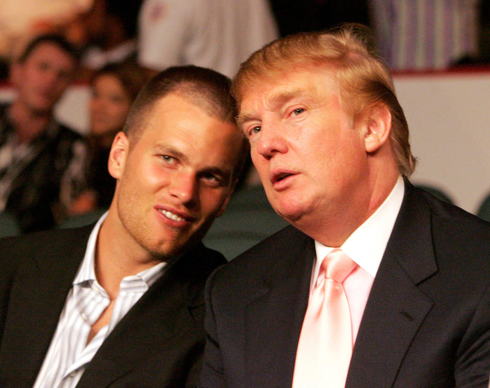 Tom Brady and Donald Trump, pictured here in 2005, go way back. “It’s pretty amazing what he’s been able to accomplish,” Brady has <a href="http://time.com/4025262/tom-brady-trump-hat/" rel="nofollow noopener" target="_blank" data-ylk="slk:said;elm:context_link;itc:0;sec:content-canvas" class="link ">said</a> of Trump. “He obviously appeals to a lot of people, and he’s a hell of a lot of fun to play golf with.”
