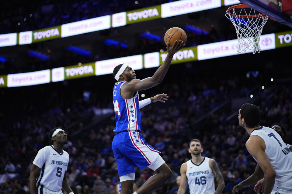 Philadelphia 76ers' Paul Reed goes up for a shot during the first half of an NBA basketball game against the Memphis Grizzlies, Wednesday, March 6, 2024, in Philadelphia. (AP Photo/Matt Slocum)