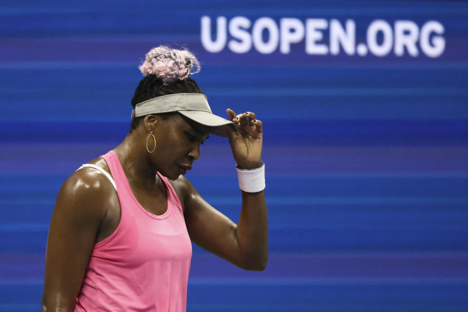 Venus Williams, of the United States, reacts during a match against Greet Minnen, of Belgium, at the first round of the U.S. Open tennis championships, Tuesday, Aug. 29, 2023, in New York. (AP Photo/Jason DeCrow)