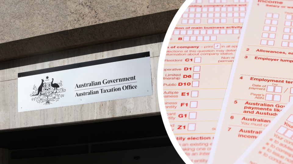 A composite image of the ATO logo on the exterior of a building and tax deduction forms.