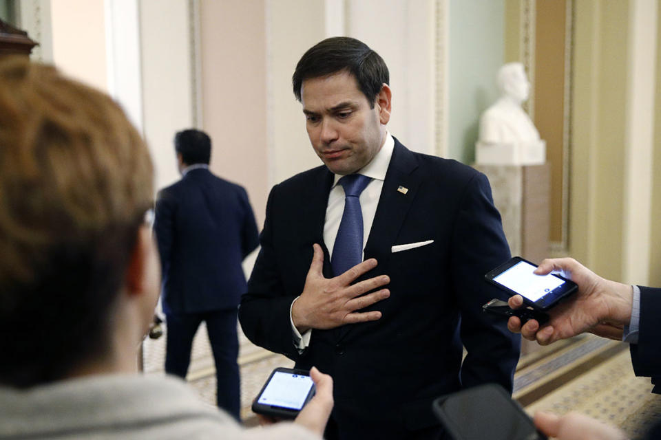 Sen. Marco Rubio, R-Fla., speaks with reporters on Capitol Hill in Washington, Tuesday, March 24, 2020, as the Senate works to pass a coronavirus relief bill. (AP Photo/Patrick Semansky)