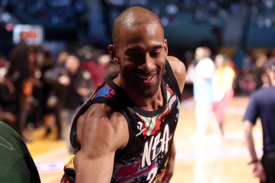 CLEVELAND, OHIO - FEBRUARY 18: Matt James warms up during the Ruffles NBA All-Star Celebrity Game during the 2022 NBA All-Star Weekend at Wolstein Center on February 18, 2022 in Cleveland, Ohio. (Photo by Arturo Holmes/Getty Images)