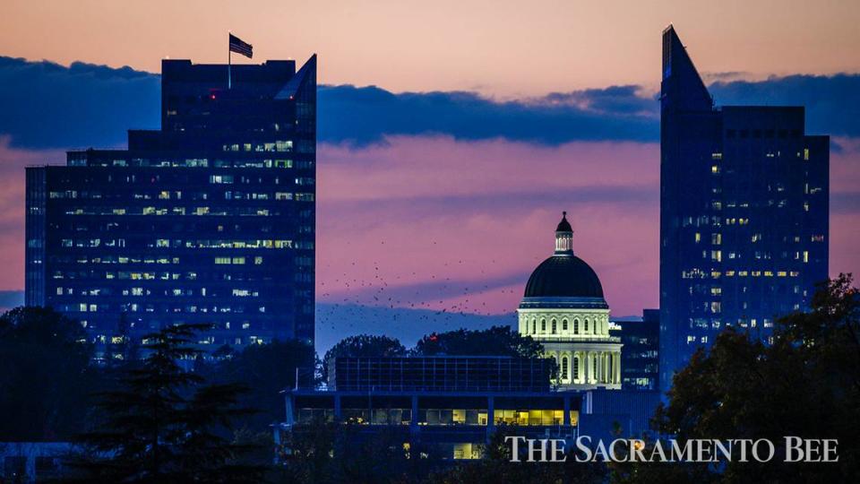 The Capitol dome glows on Nov. 14, 2019, after the sunset in downtown Sacramento.