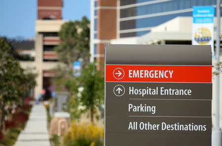 An emergency sign points to the entrance to Scripps Memorial Hospital in La Jolla, California, U.S. March 23, 2017. REUTERS/Mike Blake