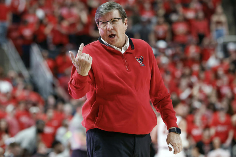 Texas Tech's head coach Mark Adams calls a player off the bench during the second half of an NCAA college basketball game against Iowa State on Tuesday, Jan. 18, 2022, in Lubbock, Texas. (AP Photo/Chase Seabolt)