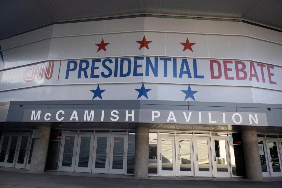 Presidential debate banner on the Georgia Institute of Technology in Atlanta, ahead of the first debate between President Joe Biden and former President Donald Trump on June 27, 2024.