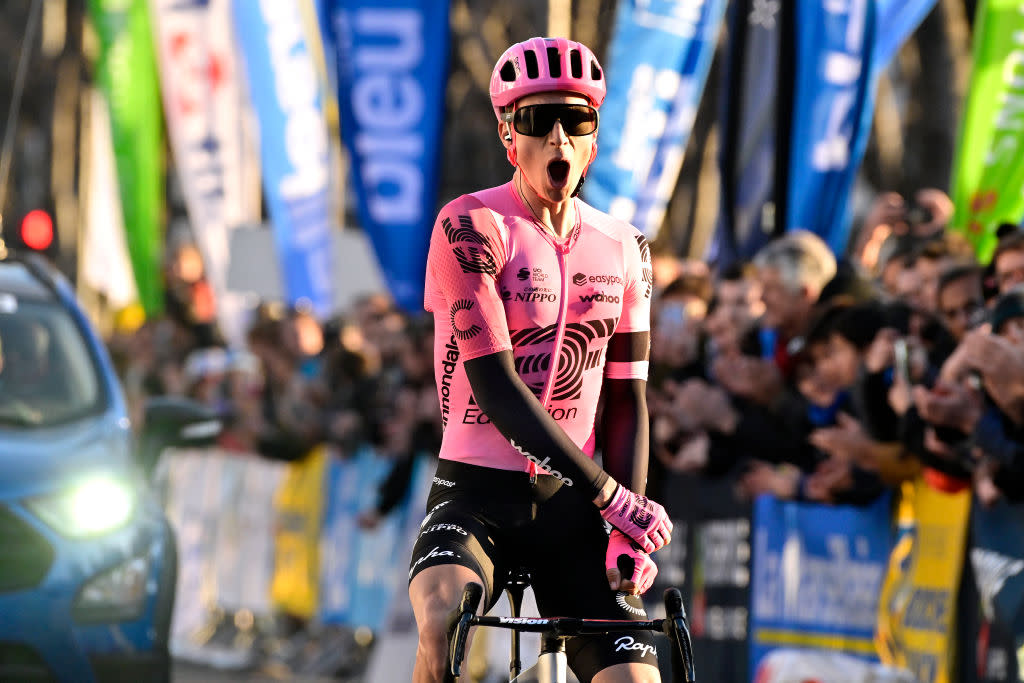  MARSEILLE FRANCE  JANUARY 29 Neilson Powless of The United States and Team EF EducationEasyPost celebrates at finish line as race winner during the 45th Grand Prix Cycliste de Marseille La Marseillaise 2023 a 1679km one day race from Marseille to Septemes les Vallons  GPLM  on January 29 2023 in Marseille France Photo by Bruno BadeGetty Images 