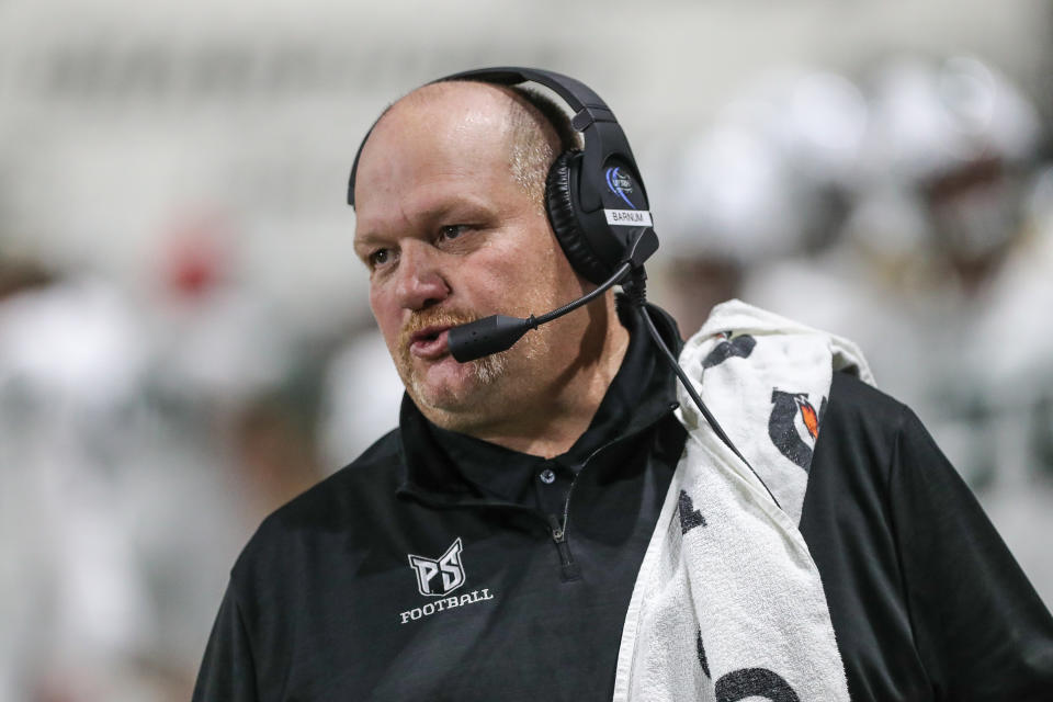 Pictured here, Portland State coach Bruce Barnum on the sidelines of a game against the Idaho State Bengals. 