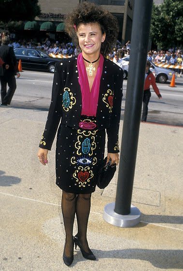 WORST: In 1988, Tracey Ullman wore this dress, which looked like it was made out of a table cloth from an Indian restaurant, to the Emmy Awards. Maybe it was a gag dress, but we're supposed to be laughing with you, Tracey, not at you. (Photo by Ron Galella, Ltd./WireImage)