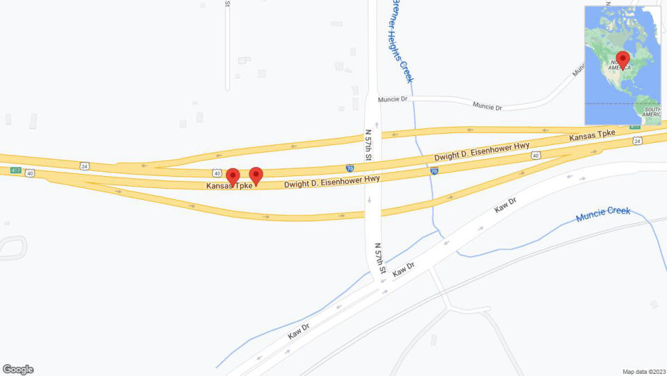 A detailed map that shows the affected road due to 'Broken down vehicle on eastbound I-70 in Kansas City' on September 18th at 12:50 p.m.