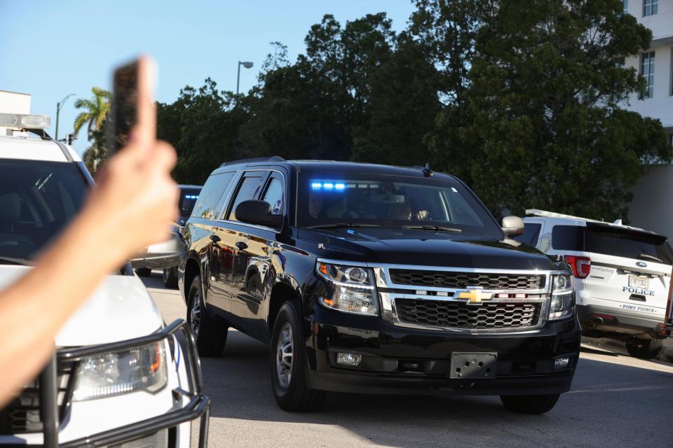 Trump arrives at the federal courthouse for a classified documents sealed hearing in Fort Pierce on Monday, Feb, 12, 2024.