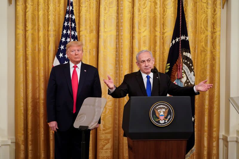 U.S. President Trump and Israel's Prime Mininister Netanyahu deliver remarks on Middle East peace plan proposal at the White House in Washington 