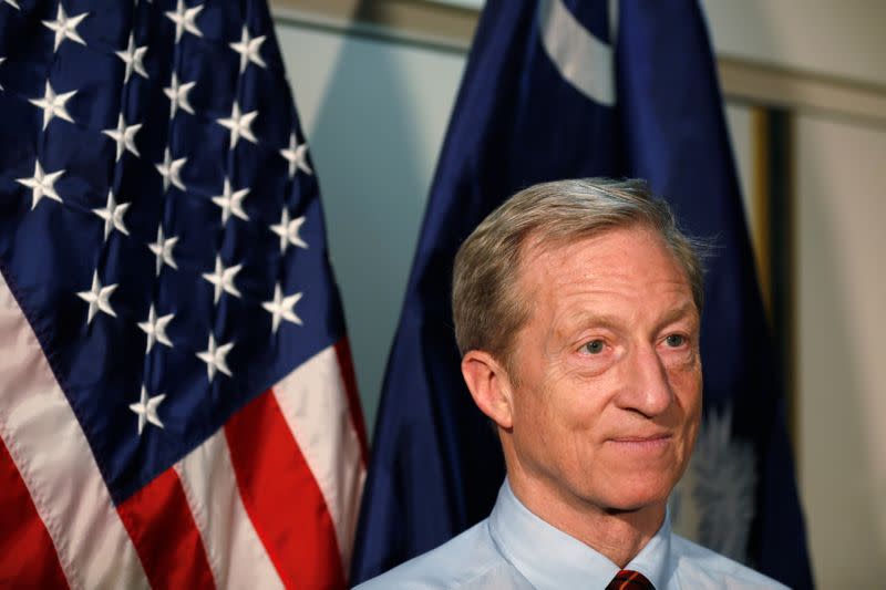 Democratic U.S. presidential candidate Tom Steyer talks to reporters after a campaign event in Yemassee