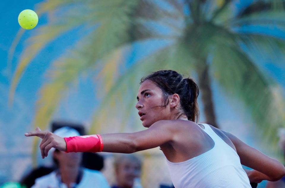 Lea Jansen keeps a close eye on the ball while making a return during her match Saturday afternoon. The Minto U.S. Open Pickleball Championships took place at East Naples Community Park on Saturday April 30, 2022. The pro mixed women's doubles finals was played by  Catherine Parenteau and Lea Jansen who faced off against the team of Irina Tereschenko and Andrea Koop. The matches were partially delayed due to rain.