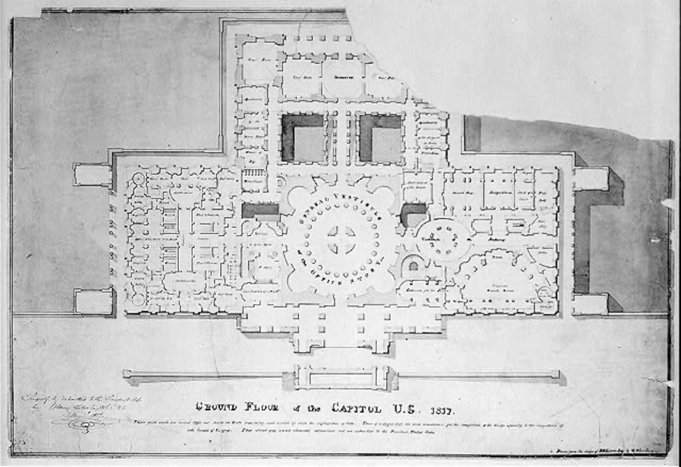 A proposed floor plan for the new U.S. Capitol, dated 1817. <a href="https://picryl.com/media/united-states-capitol-washington-dc-floor-plan-supreme-court-vestibule-judiciary-1?zoom=true" rel="nofollow noopener" target="_blank" data-ylk="slk:Library of Congress;elm:context_link;itc:0;sec:content-canvas" class="link ">Library of Congress</a>