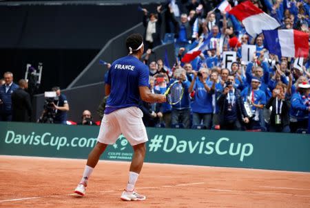 FILE PHOTO: France's Jo-Wilfried Tsonga celebrates winning his match against Serbia's Dusan Lajovic REUTERS/Pascal Rossignol