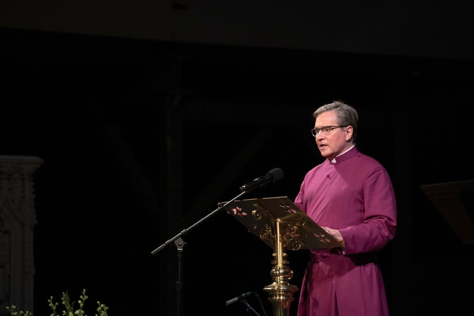 Rev. Patrick Malloy speaks at the Joan Didion celebration of life event on Wednesday, Sept. 21, 2022, at the Cathedral of St. John the Divine in New York. (Photo by Christopher Smith/Invision/AP)