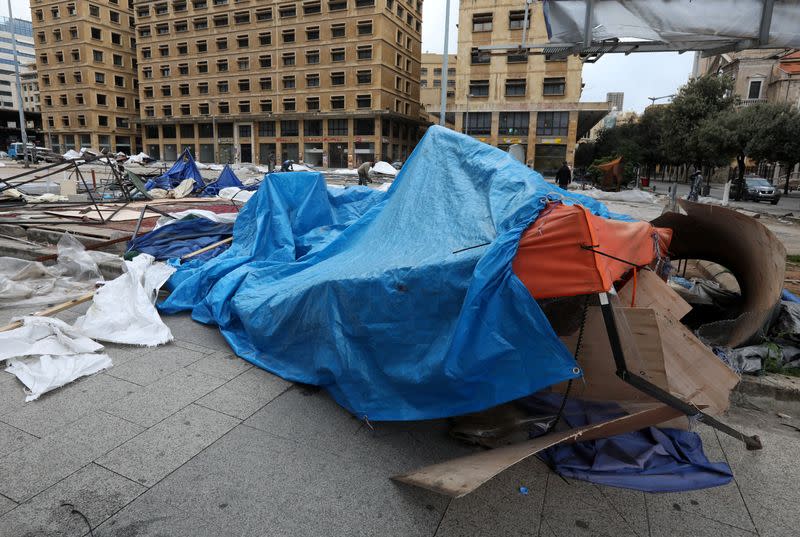 Pulled-down tents are seen in Beirut