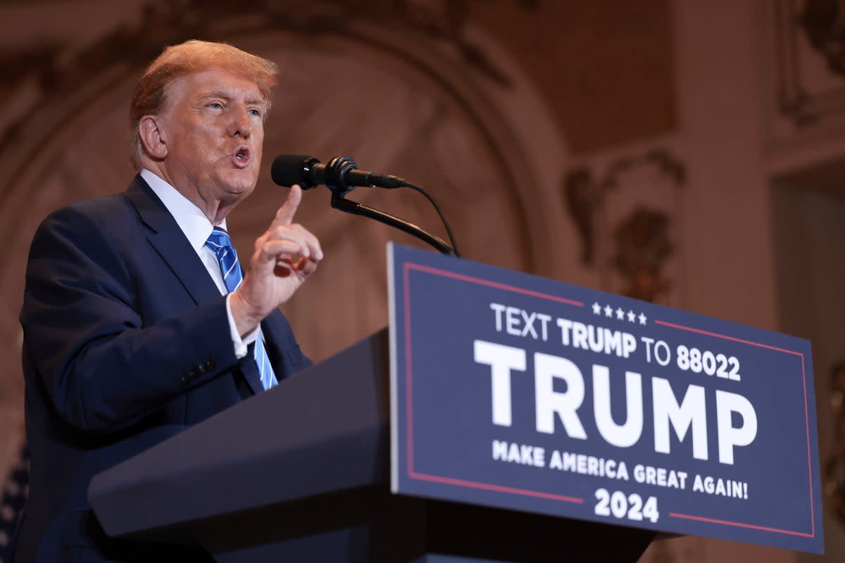 PALM BEACH, FLORIDA - MARCH 05: Republican presidential candidate, former President Donald Trump speaks at an election-night watch party at Mar-a-Lago on March 5, 2024 in West Palm Beach, Florida. Sixteen states held their primaries and caucuses today as part of Super Tuesday. (Photo by Win McNamee/Getty Images) (Getty Images)