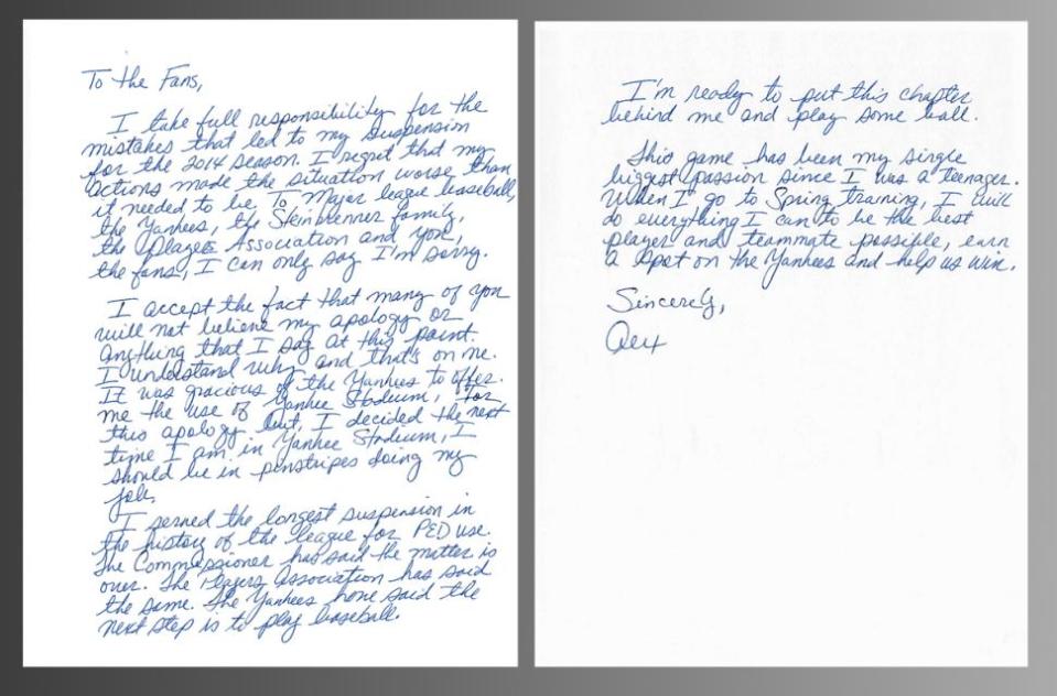A-Rod's apology letter to fans (MLB)
